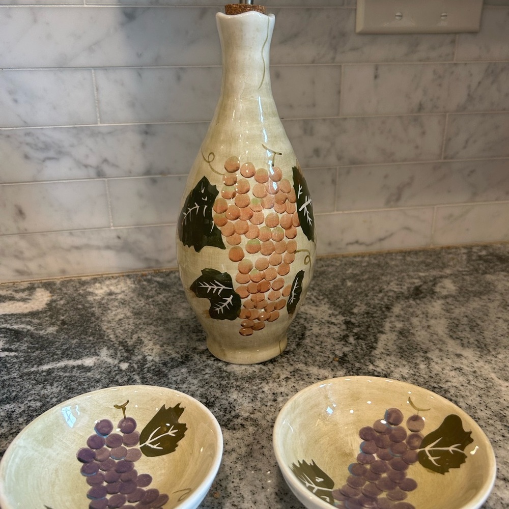 Handcrafted Ceramic oil decanter and dipping bowls with Grapes Design